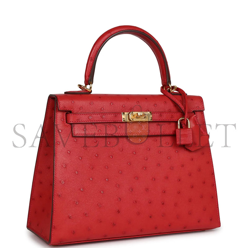 HERMÈS MASTER KELLY SELLIER 28 ROUGE VIF VERSO OSTRICH GOLD HARDWARE (28*22*10cm) 